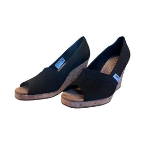 Toms Black Espadrilles Wedge Sandals, Size 7.5 W, Peep-Toe, Canvas